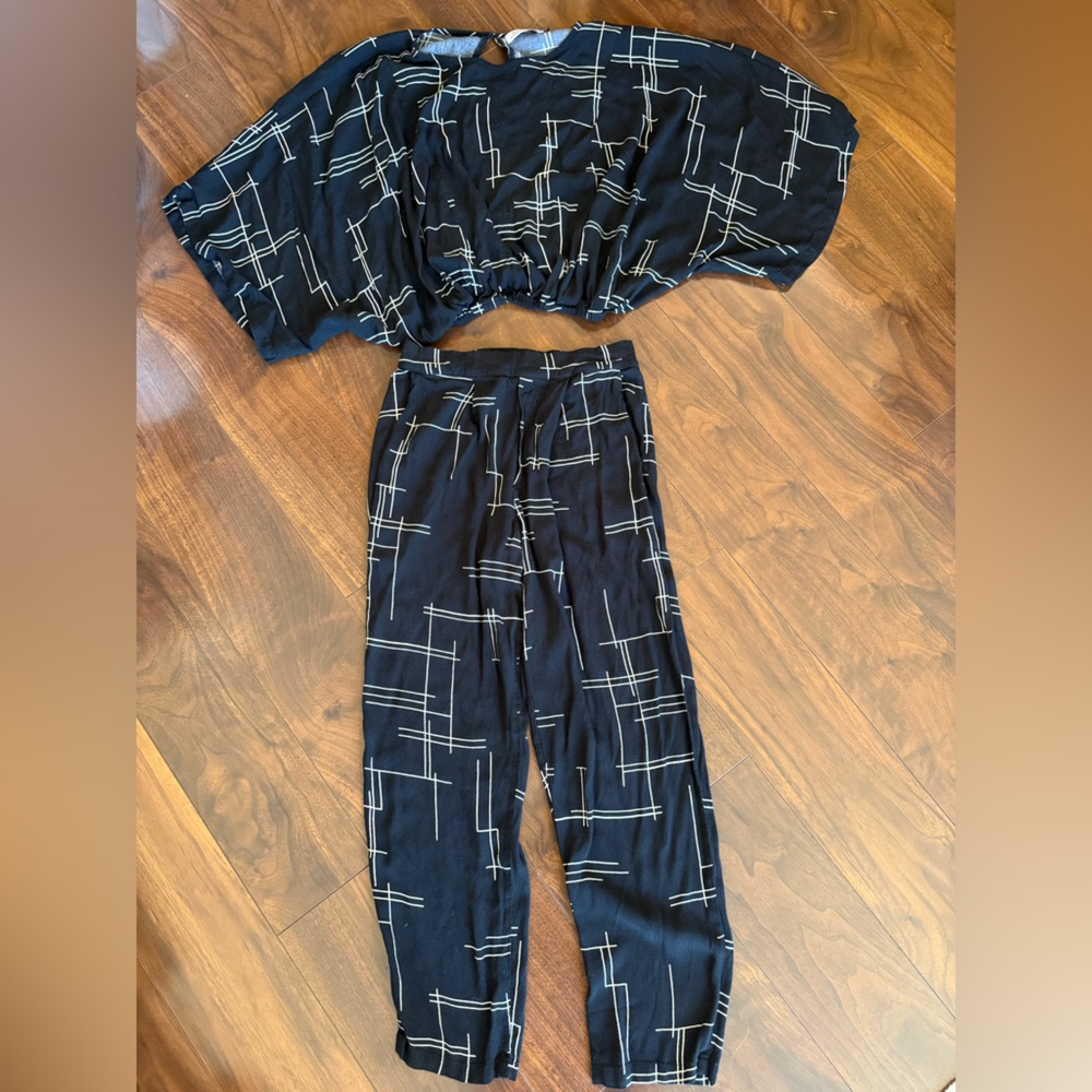 Ava Sky by Fighting Eel Kimono Top and Petra Pant Set in Black Maze Print XS